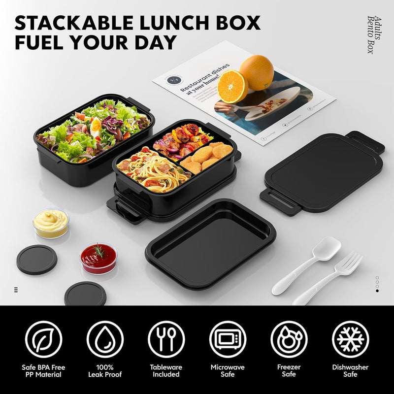 Jelife Adult Bento Box Lunch Box - Large Style Stackable Bento Lunch Box for Adults, 72oz All-in-One 3 Layers Bento Boxes Leak-Proof Lunchbox with Utensil Sauce Containers for Dining Out,Work, Black - Image 2
